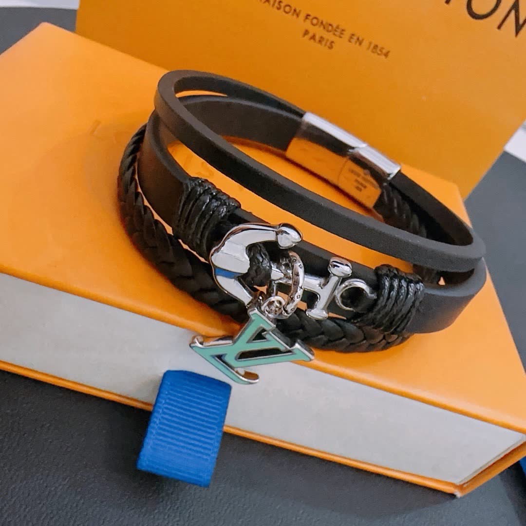 Louis Vuitton Leather Bracelet with Anchor and LV Logo